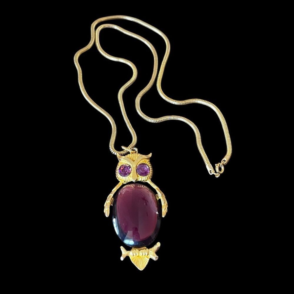 Dodds Chunky Gold Purple Jelly Belly Owl Pendant Necklace